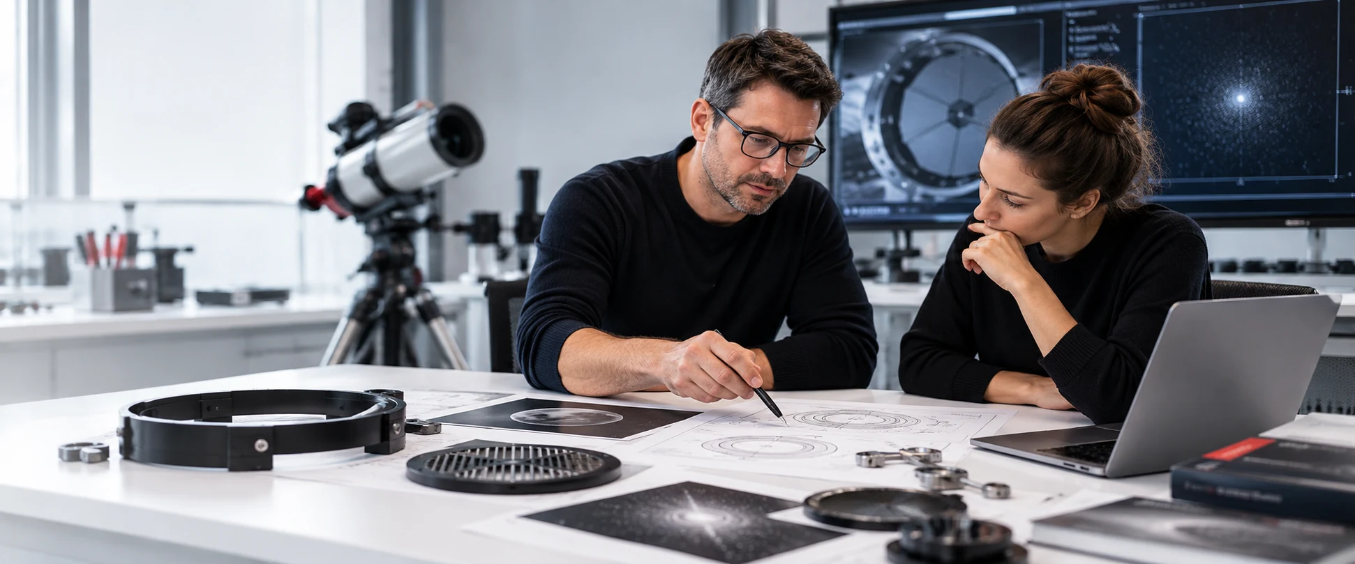 Illustrative scene of engineers discussing optical instrumentation and technical drawings in a laboratory